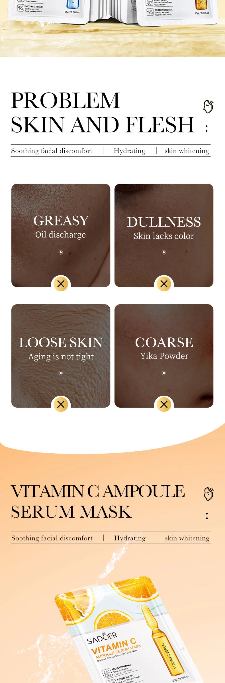 Masque Visage Or 24K Acide Hyaluronique (15pcs)
