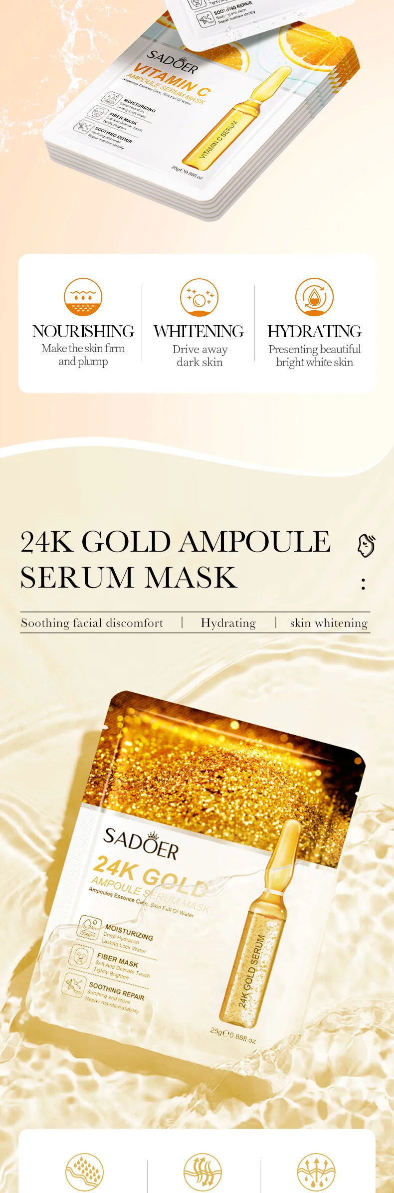 Masque Visage Or 24K Acide Hyaluronique (15pcs)
