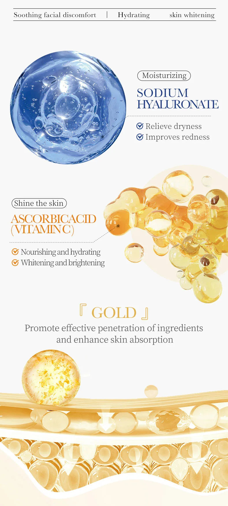 Masque Visage Or 24K Acide Hyaluronique (15pcs)