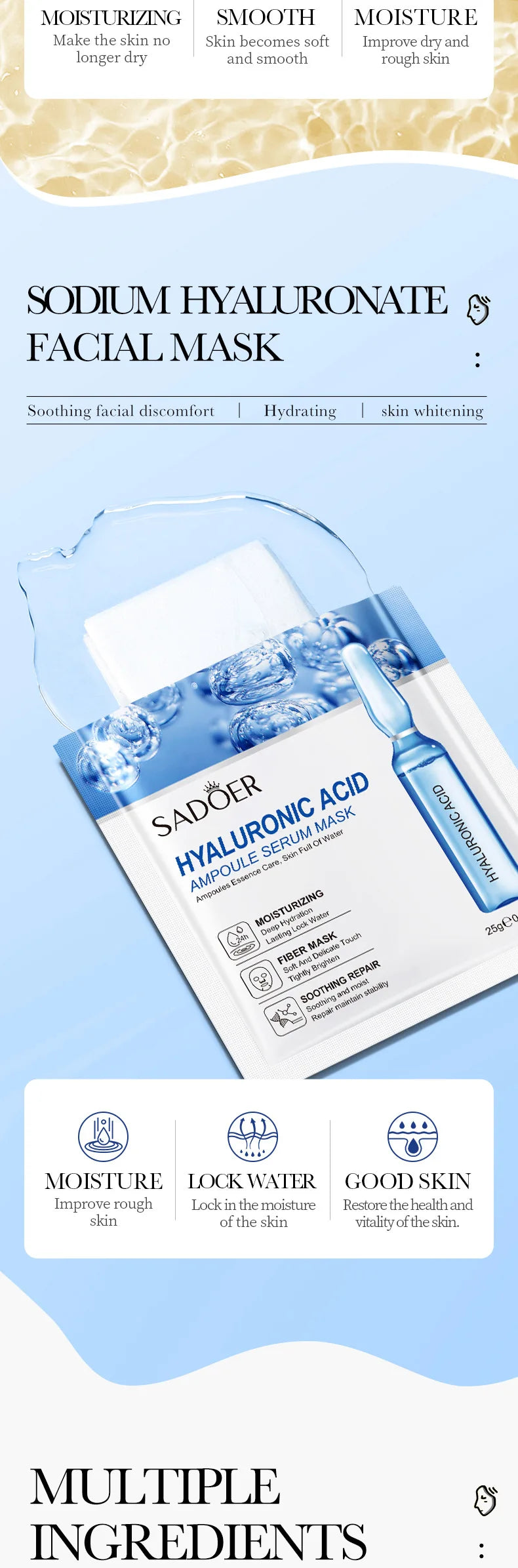 Masque Visage Or 24K Acide Hyaluronique (15pcs)